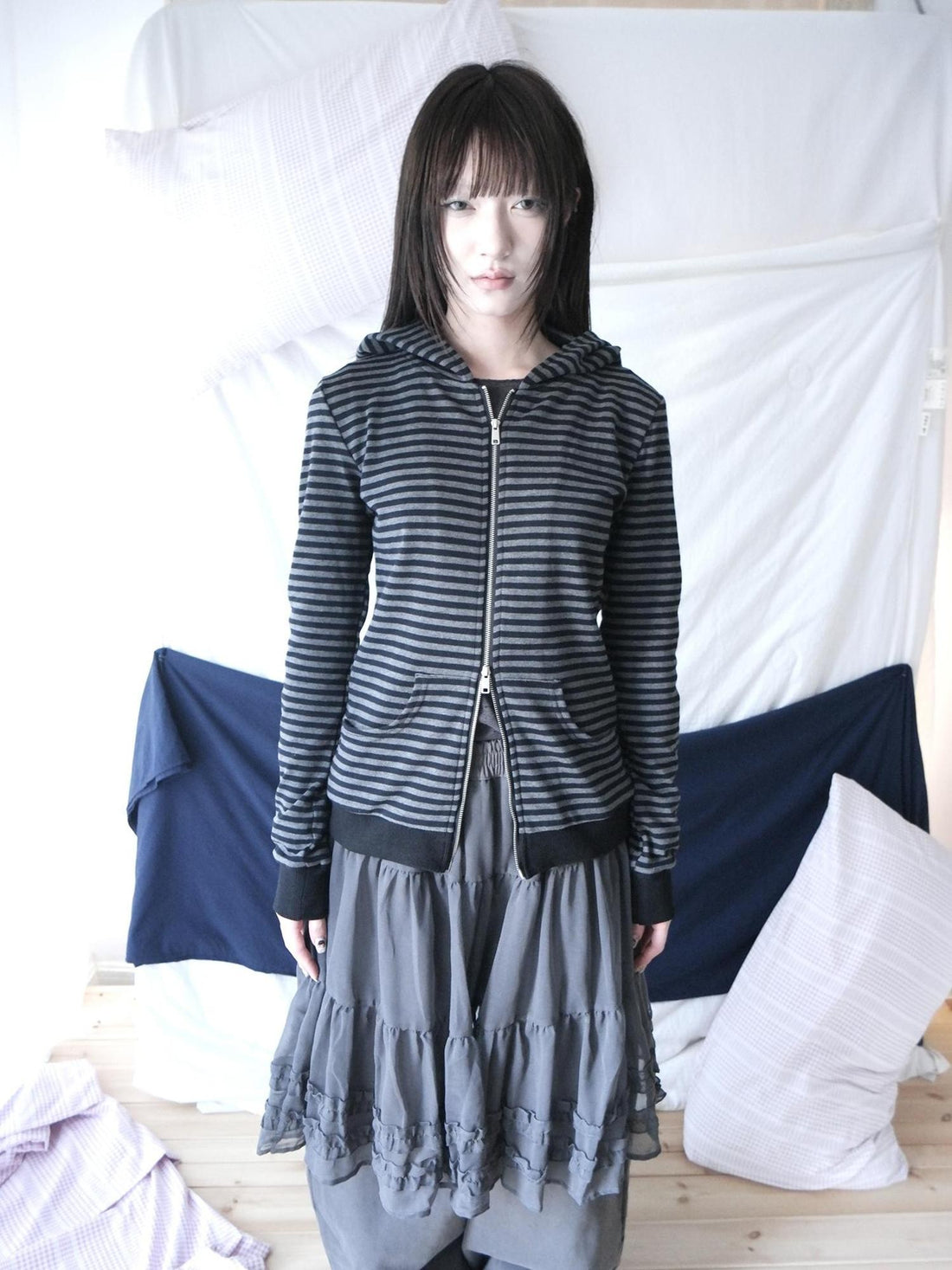ang project Black Gray Striped Dual Zip Korean Slim Fit Women&