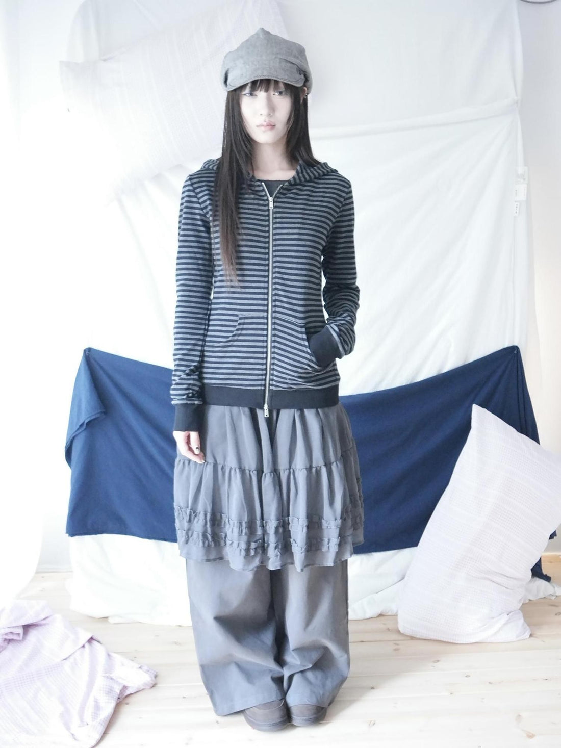 ang project Black Gray Striped Dual Zip Korean Slim Fit Women&