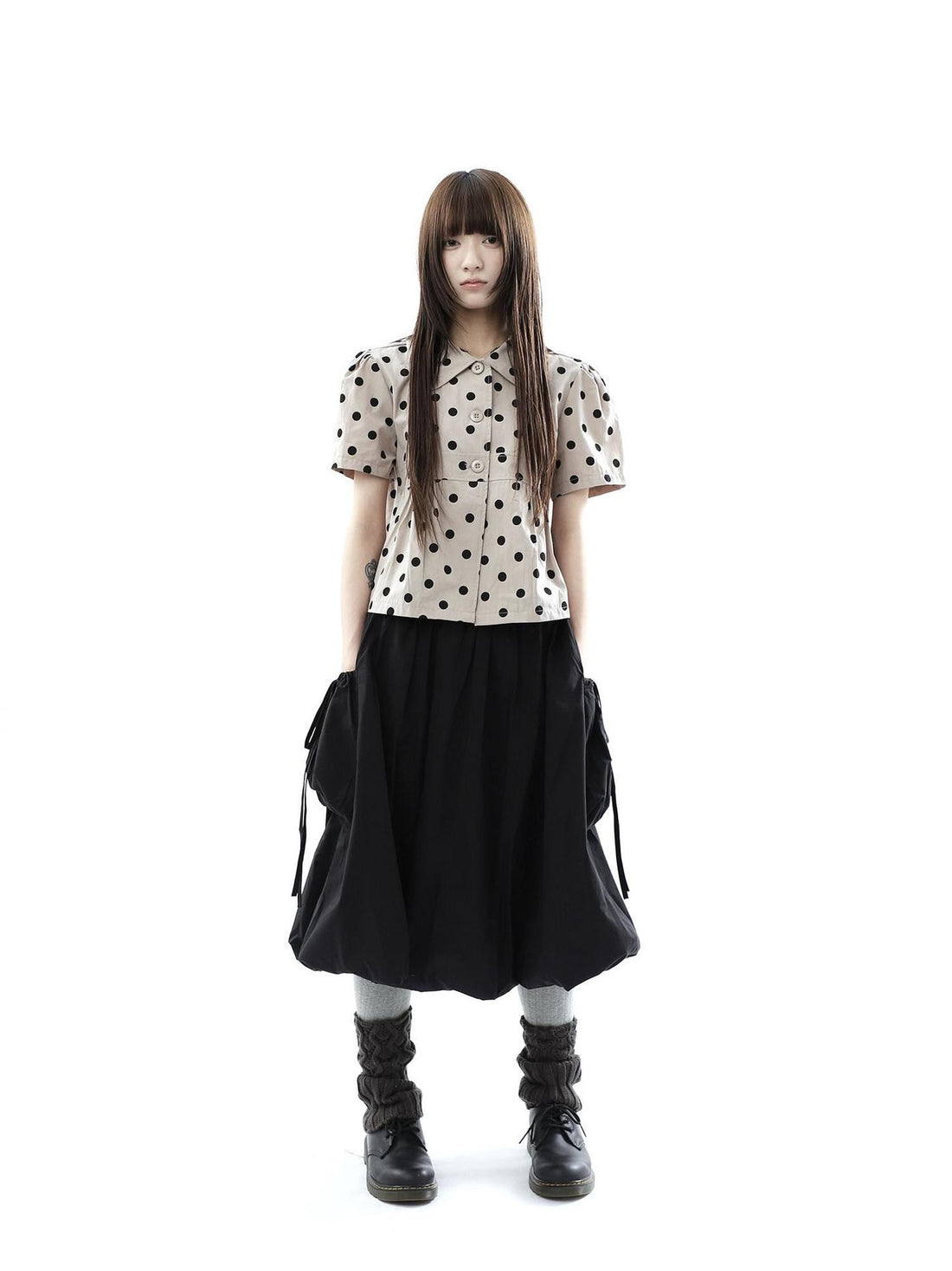 ang project Black Korean Pleated Tulip Pocket Lined Elastic Waist Women&