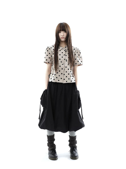ang project Black Korean Pleated Tulip Pocket Lined Elastic Waist Women&