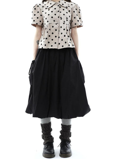 ang project Black Korean Pleated Tulip Pocket Lined Elastic Waist Women&