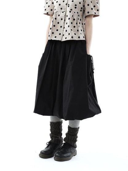 ang project Black Korean Pleated Tulip Pocket Lined Elastic Waist Women&