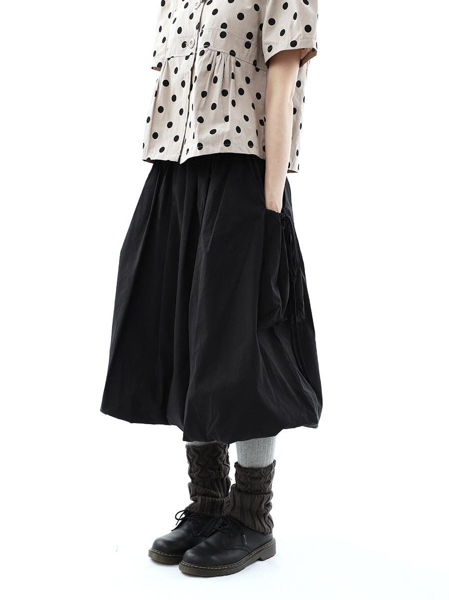 ang project Black Korean Pleated Tulip Pocket Lined Elastic Waist Women&