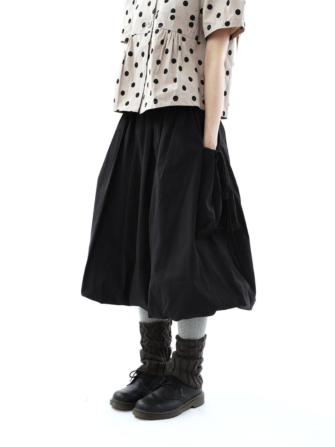 ang project Black Korean Pleated Tulip Pocket Lined Elastic Waist Women&