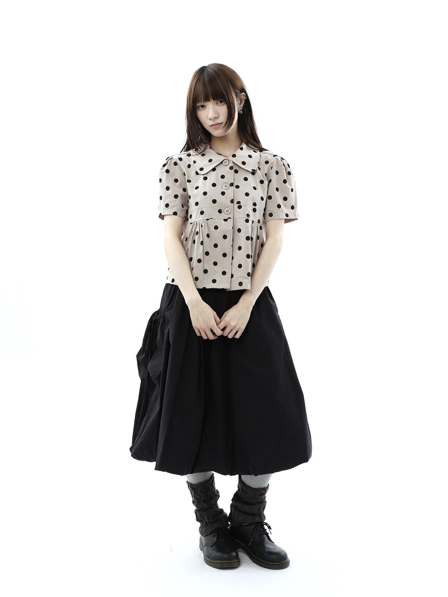 ang project Black Korean Pleated Tulip Pocket Lined Elastic Waist Women&