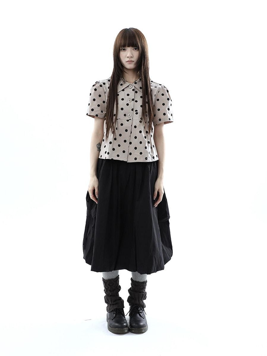 ang project Black Korean Pleated Tulip Pocket Lined Elastic Waist Women&