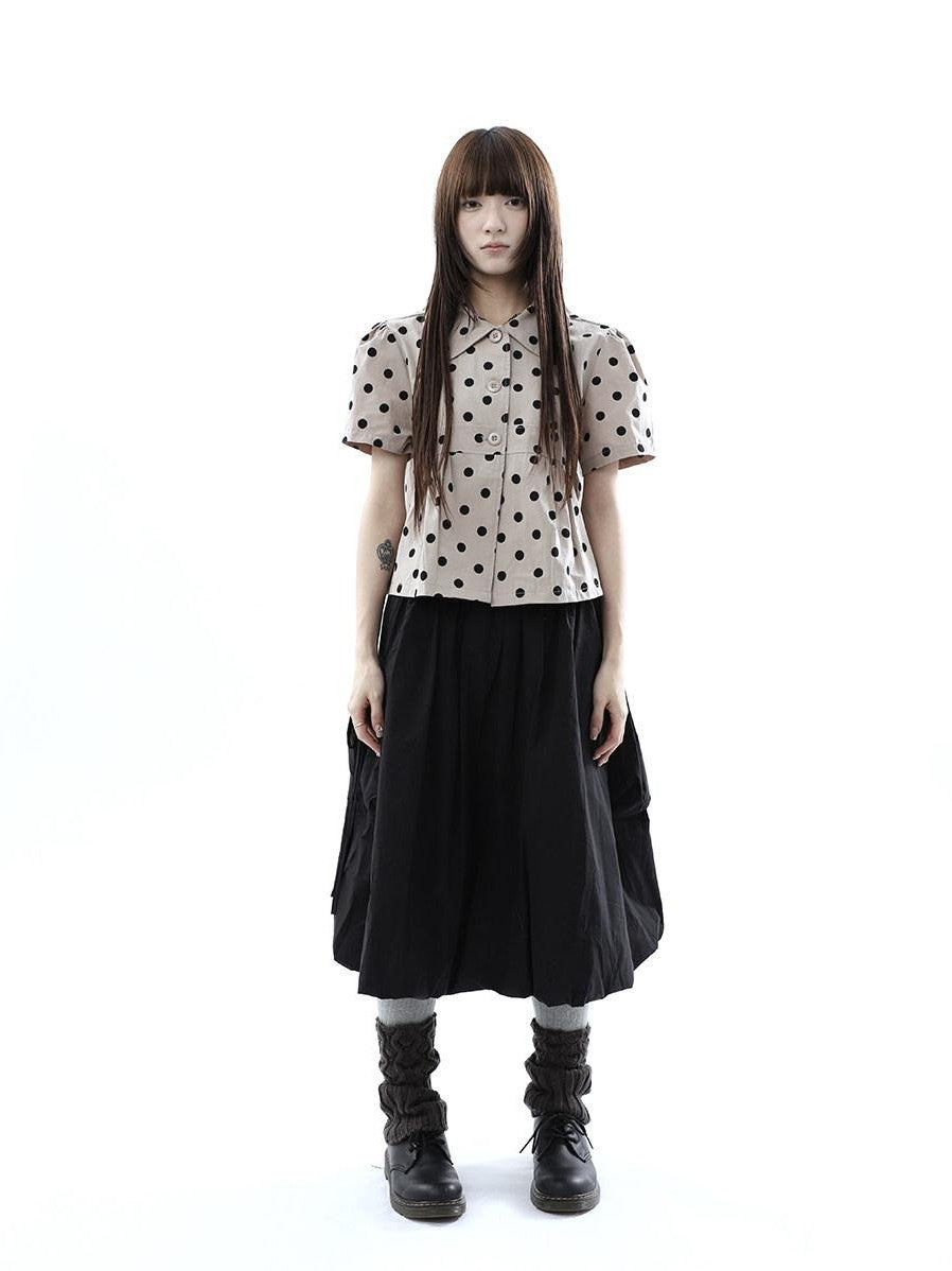 ang project Black Korean Pleated Tulip Pocket Lined Elastic Waist Women&