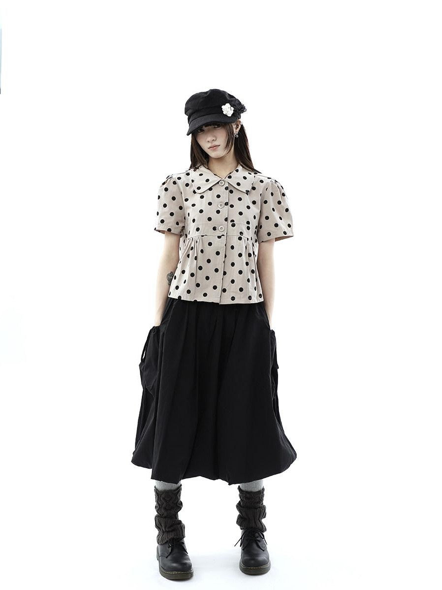 ang project Black Korean Pleated Tulip Pocket Lined Elastic Waist Women&