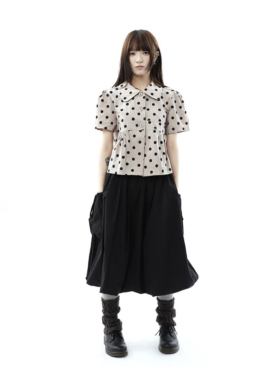 ang project Black Korean Pleated Tulip Pocket Lined Elastic Waist Women&
