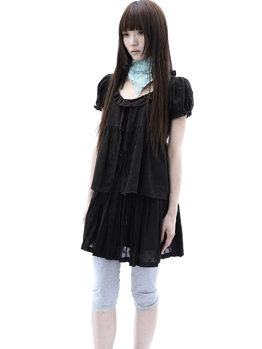 ang project Black Plaid Spliced Tie Faux Layered Puff Women&