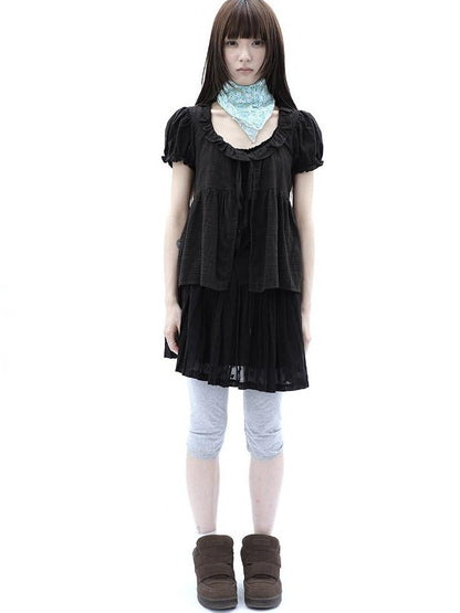 ang project Black Plaid Spliced Tie Faux Layered Puff Women&