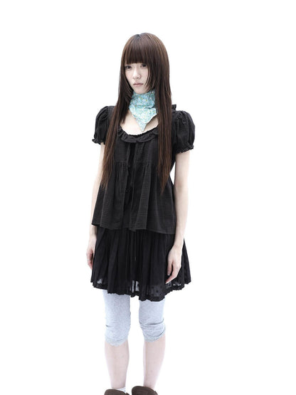 ang project Black Plaid Spliced Tie Faux Layered Puff Women&