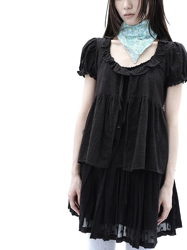 ang project Black Plaid Spliced Tie Faux Layered Puff Women&