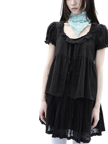 ang project Black Plaid Spliced Tie Faux Layered Puff Women&