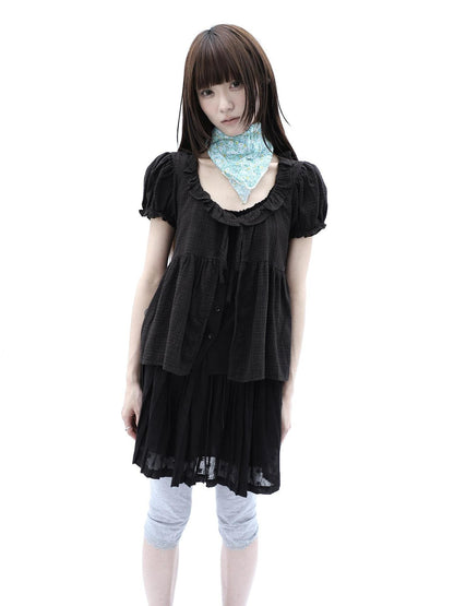 ang project Black Plaid Spliced Tie Faux Layered Puff Women&