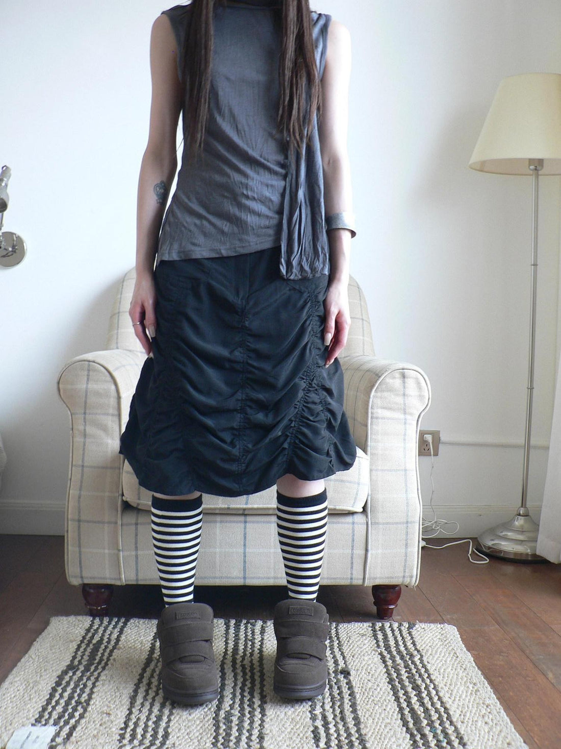 ang project Black Pressed Pleat A Line High Waist Button Pocket Cargo Women&