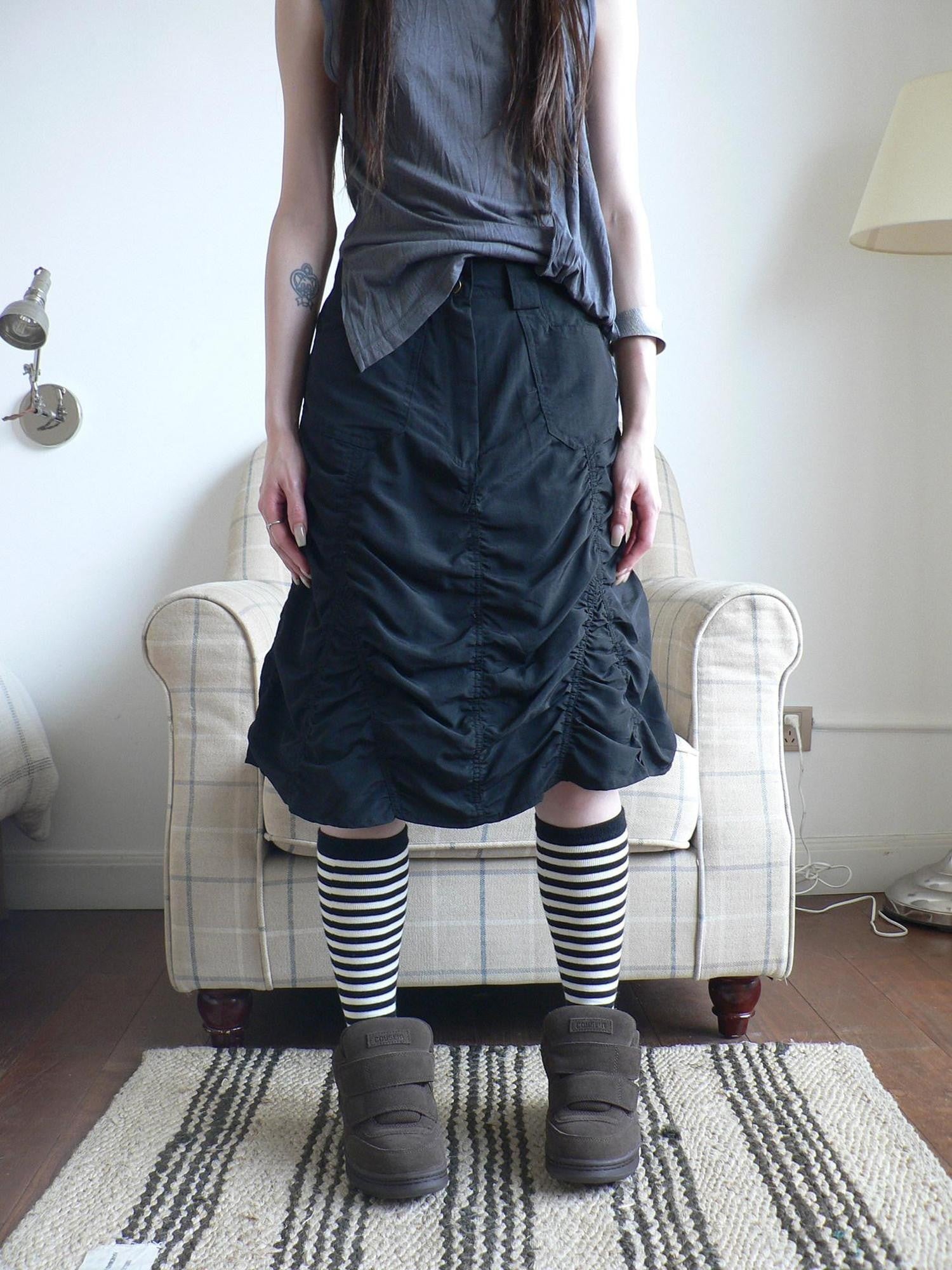 ang project Black Pressed Pleat A Line High Waist Button Pocket Cargo Women&