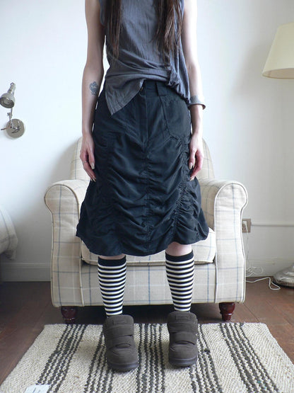 ang project Black Pressed Pleat A Line High Waist Button Pocket Cargo Women&