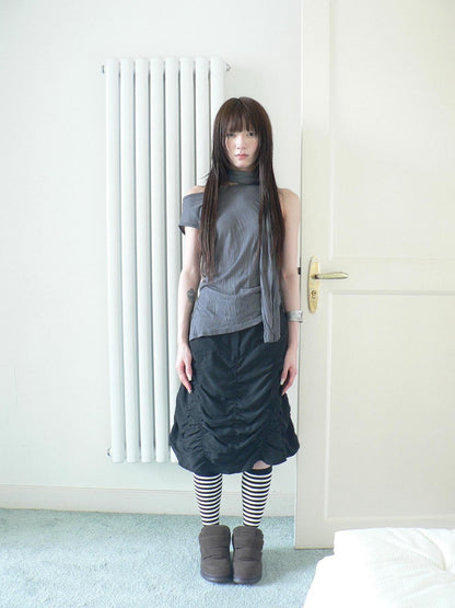 ang project Black Pressed Pleat A Line High Waist Button Pocket Cargo Women&