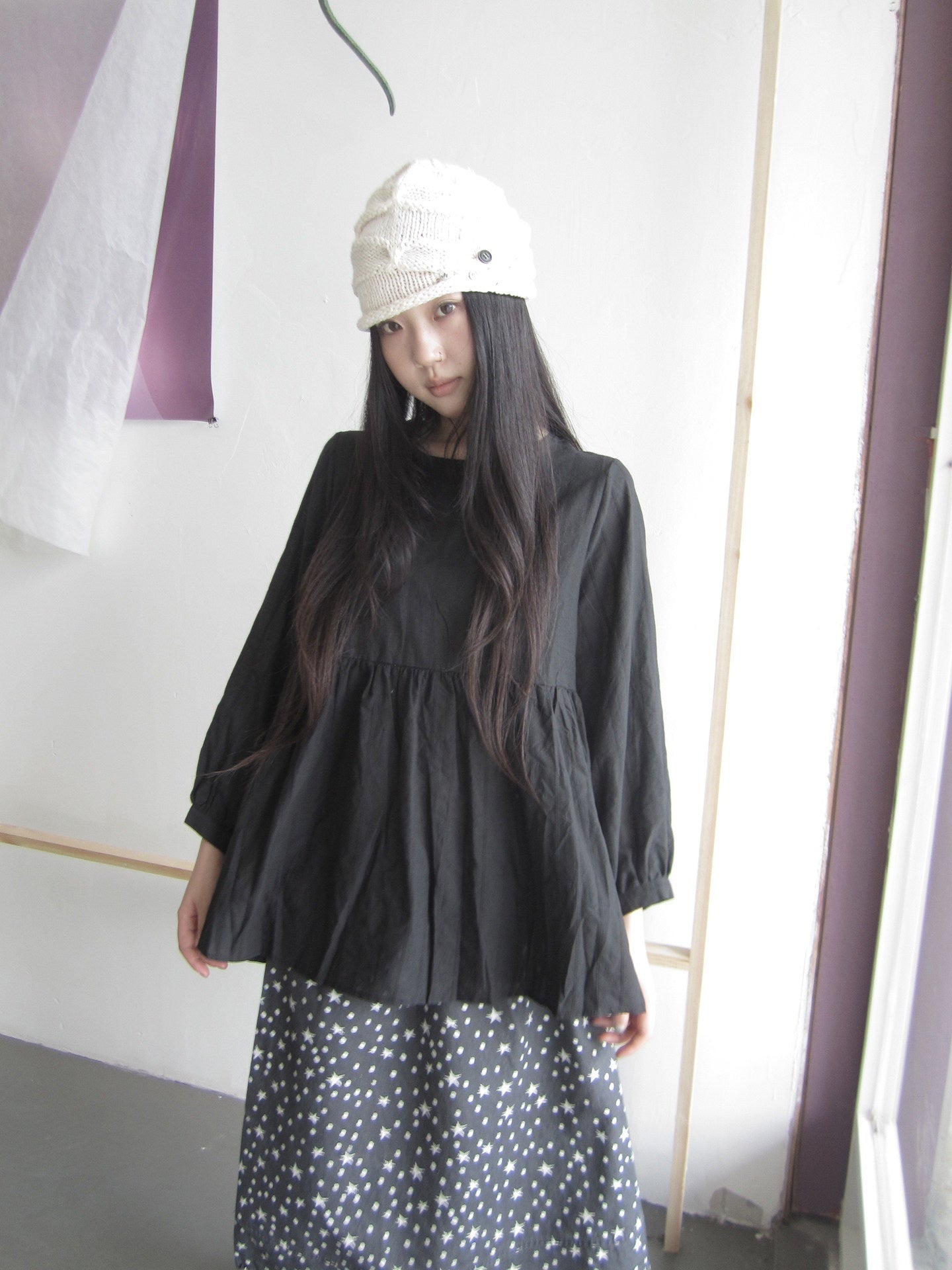 ang_project_Black_Vintage_Spliced_Round_Neck_Thin_Long_Sleeve_Women&