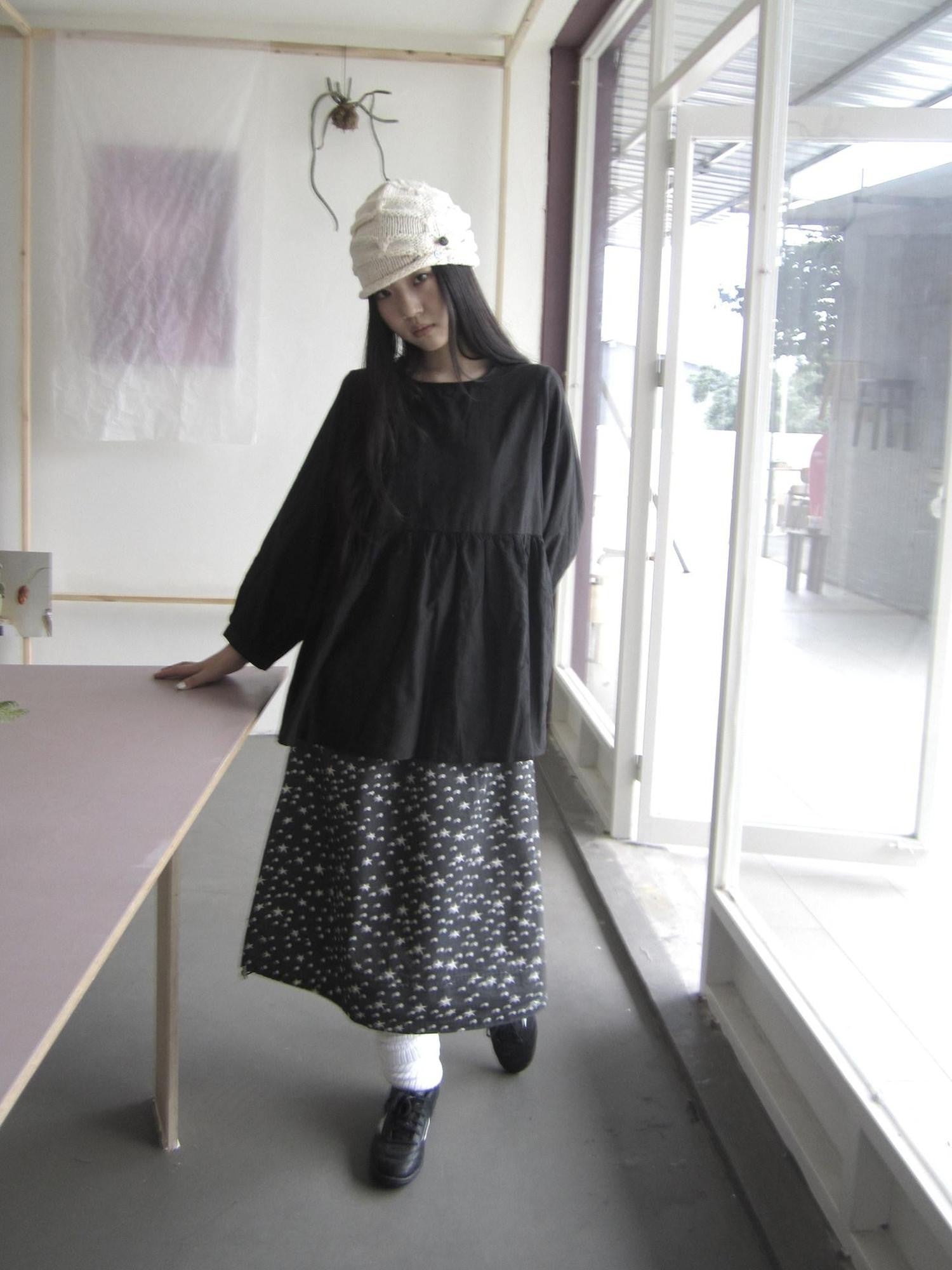 ang project Black Vintage Spliced Round Neck Thin Long Sleeve Women&