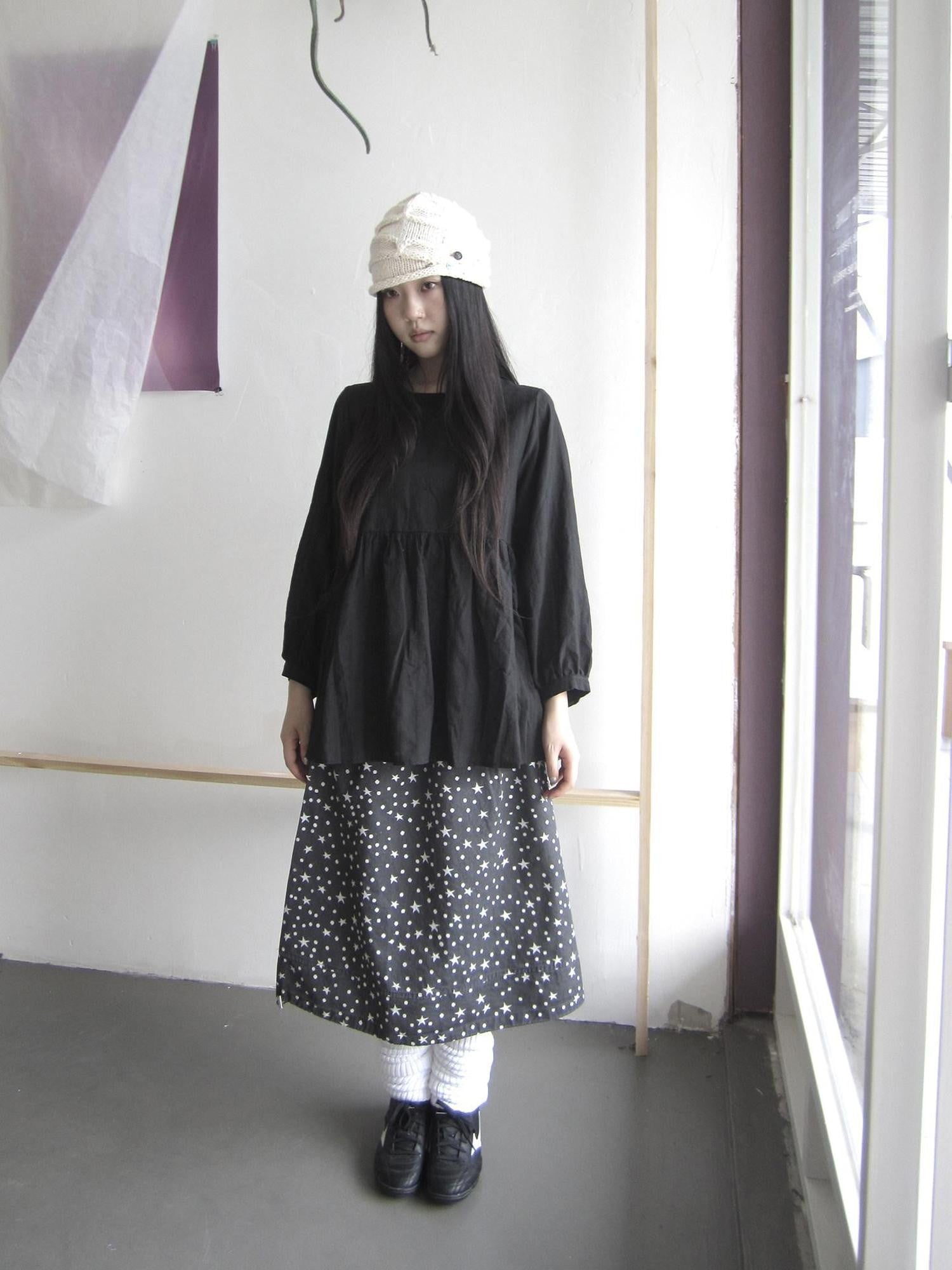 ang project Black Vintage Spliced Round Neck Thin Long Sleeve Women&