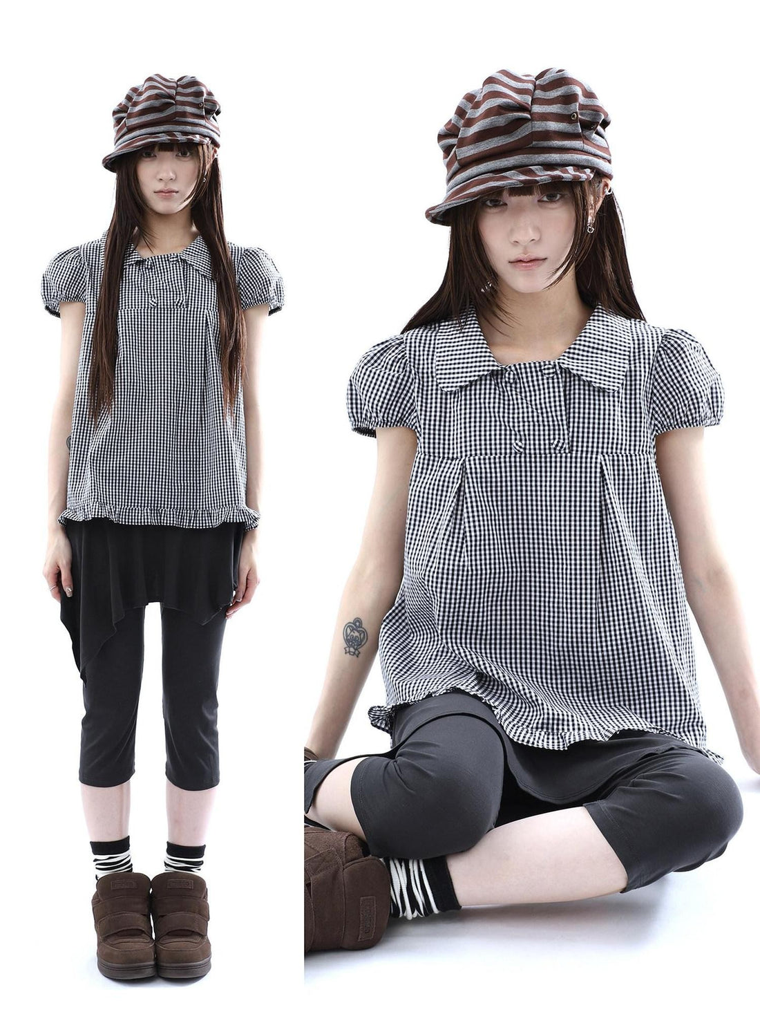 ang project Black White Plaid Lace Trim Double Row Button Doll Collar Women&