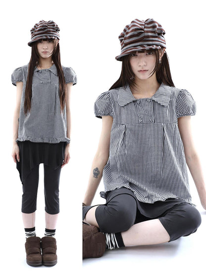 ang project Black White Plaid Lace Trim Double Row Button Doll Collar Women&