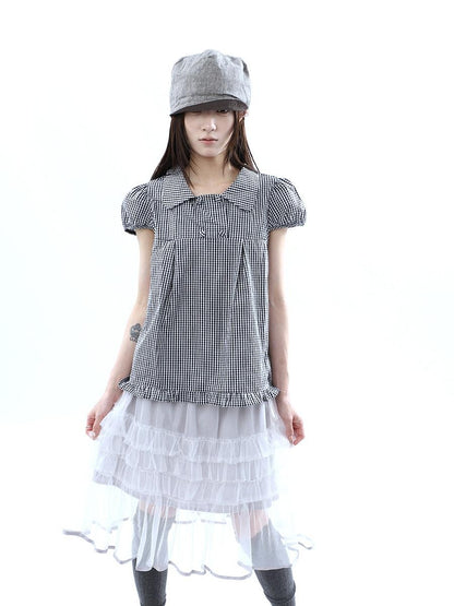ang project Black White Plaid Lace Trim Double Row Button Doll Collar Women&