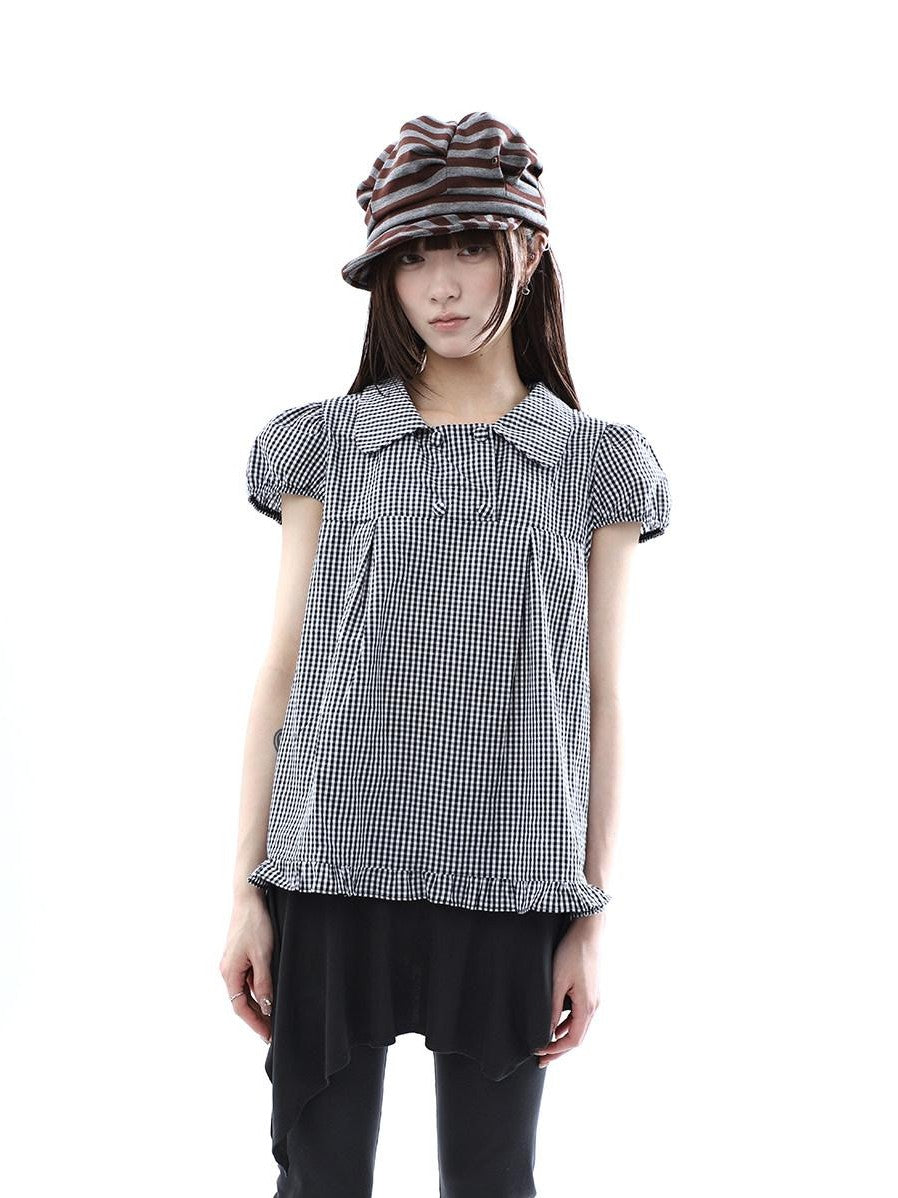 ang project Black White Plaid Lace Trim Double Row Button Doll Collar Women&