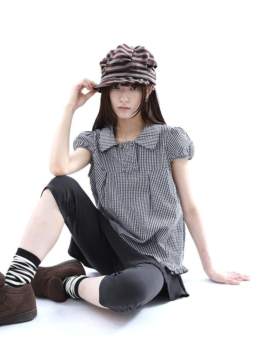 ang project Black White Plaid Lace Trim Double Row Button Doll Collar Women&