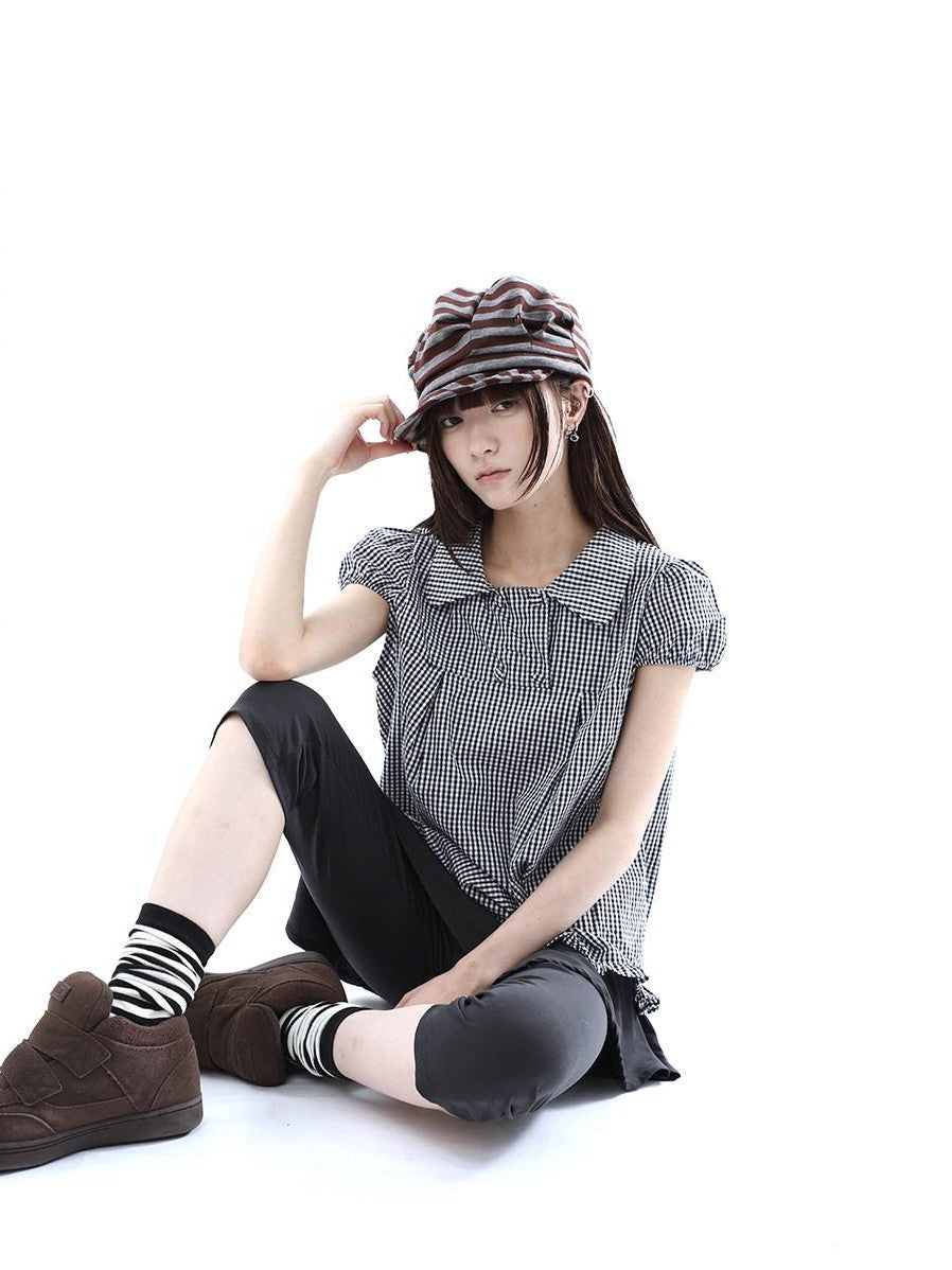 ang project Black White Plaid Lace Trim Double Row Button Doll Collar Women&