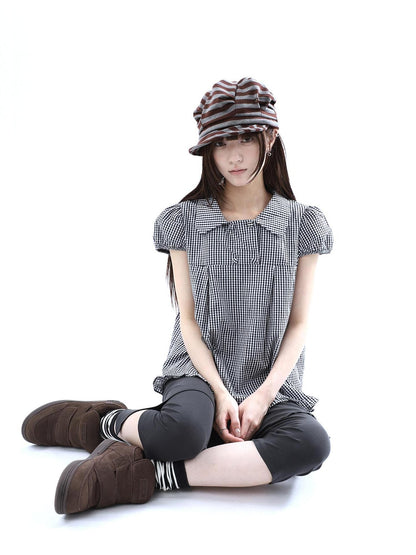 ang project Black White Plaid Lace Trim Double Row Button Doll Collar Women&