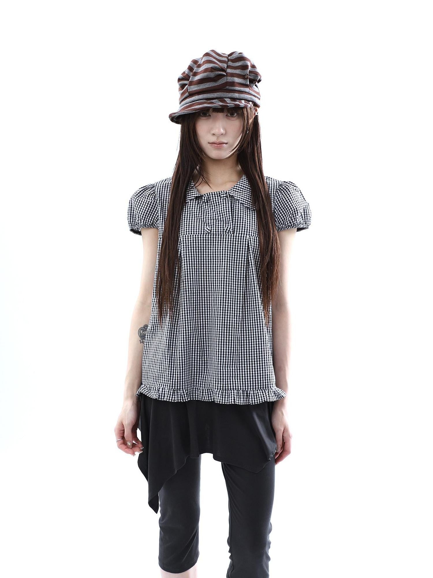 ang project Black White Plaid Lace Trim Double Row Button Doll Collar Women&