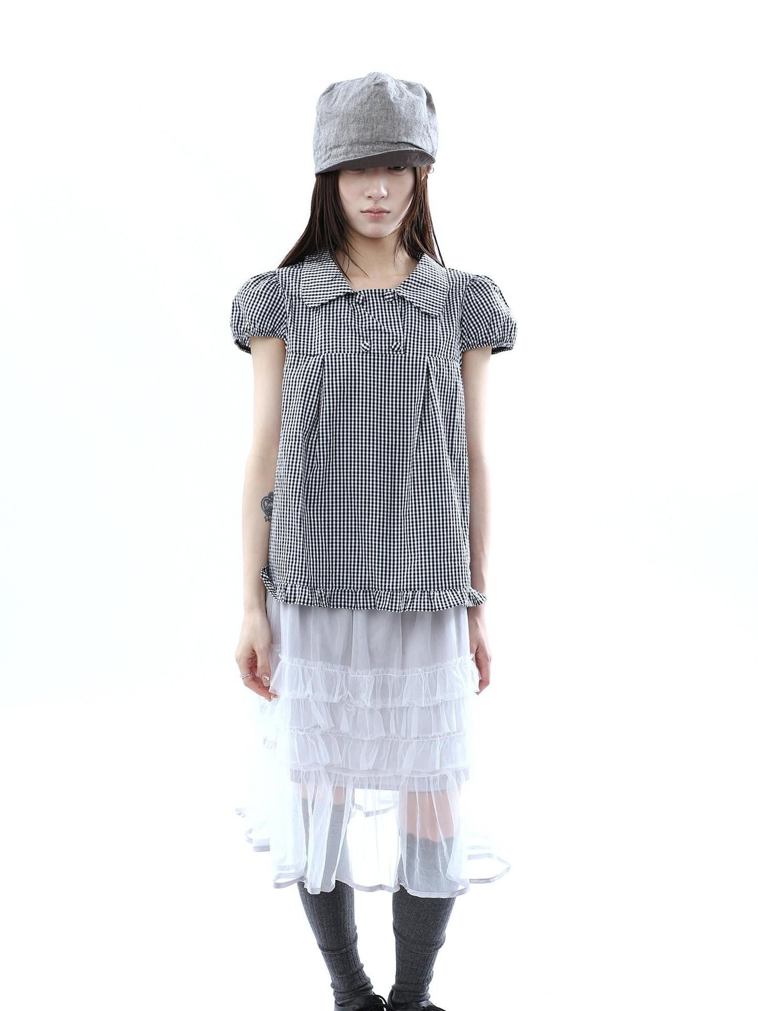 ang project Black White Plaid Lace Trim Double Row Button Doll Collar Women&