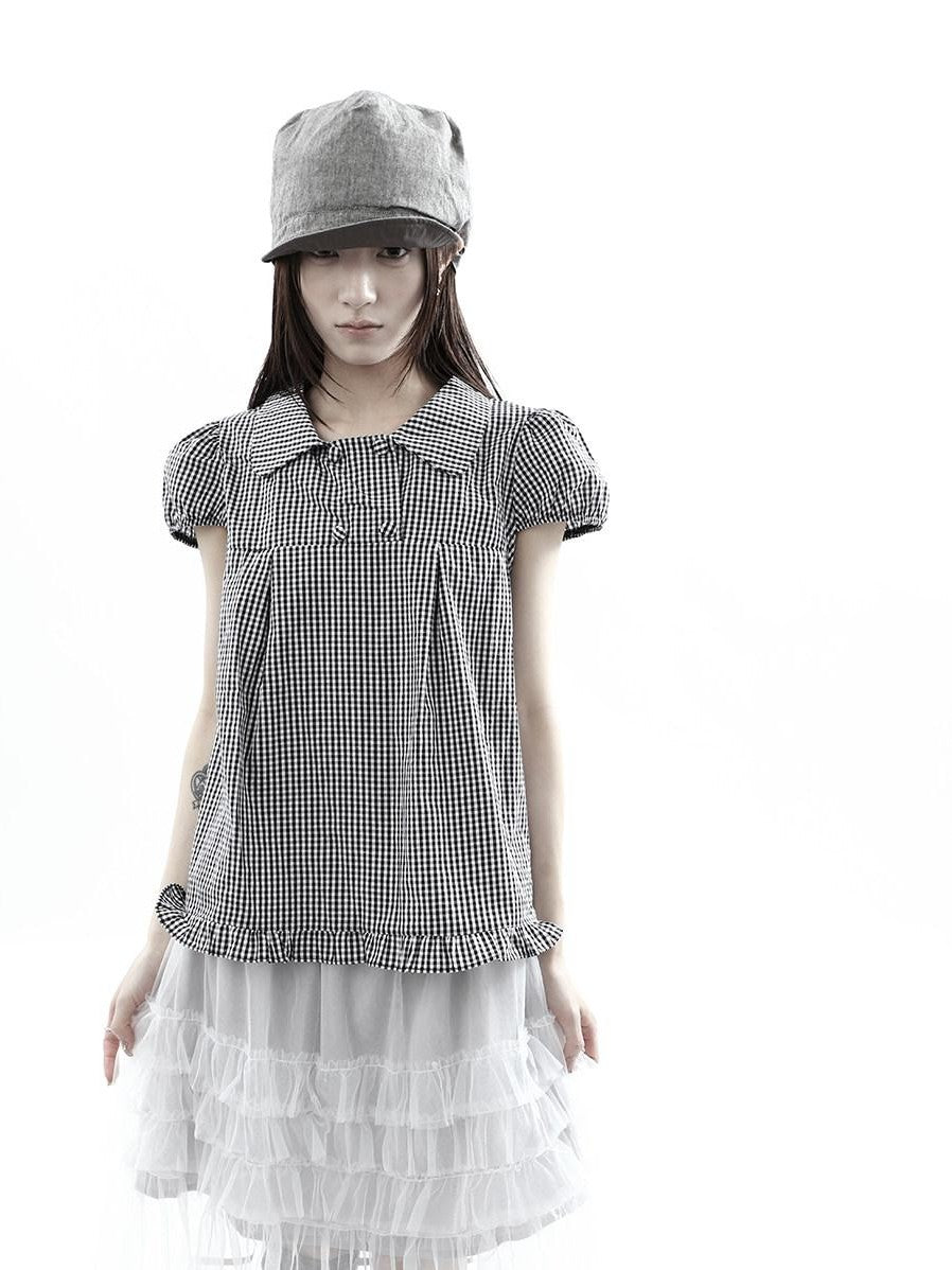 ang project Black White Plaid Lace Trim Double Row Button Doll Collar Women&