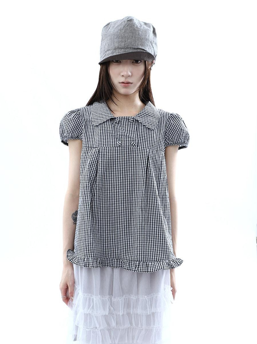 ang project Black White Plaid Lace Trim Double Row Button Doll Collar Women&