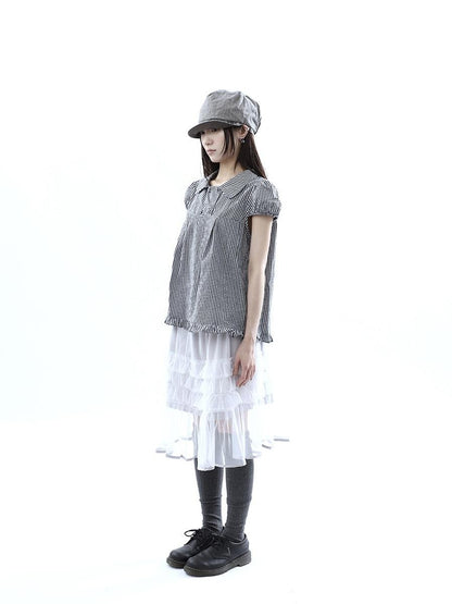 ang project Black White Plaid Lace Trim Double Row Button Doll Collar Women&