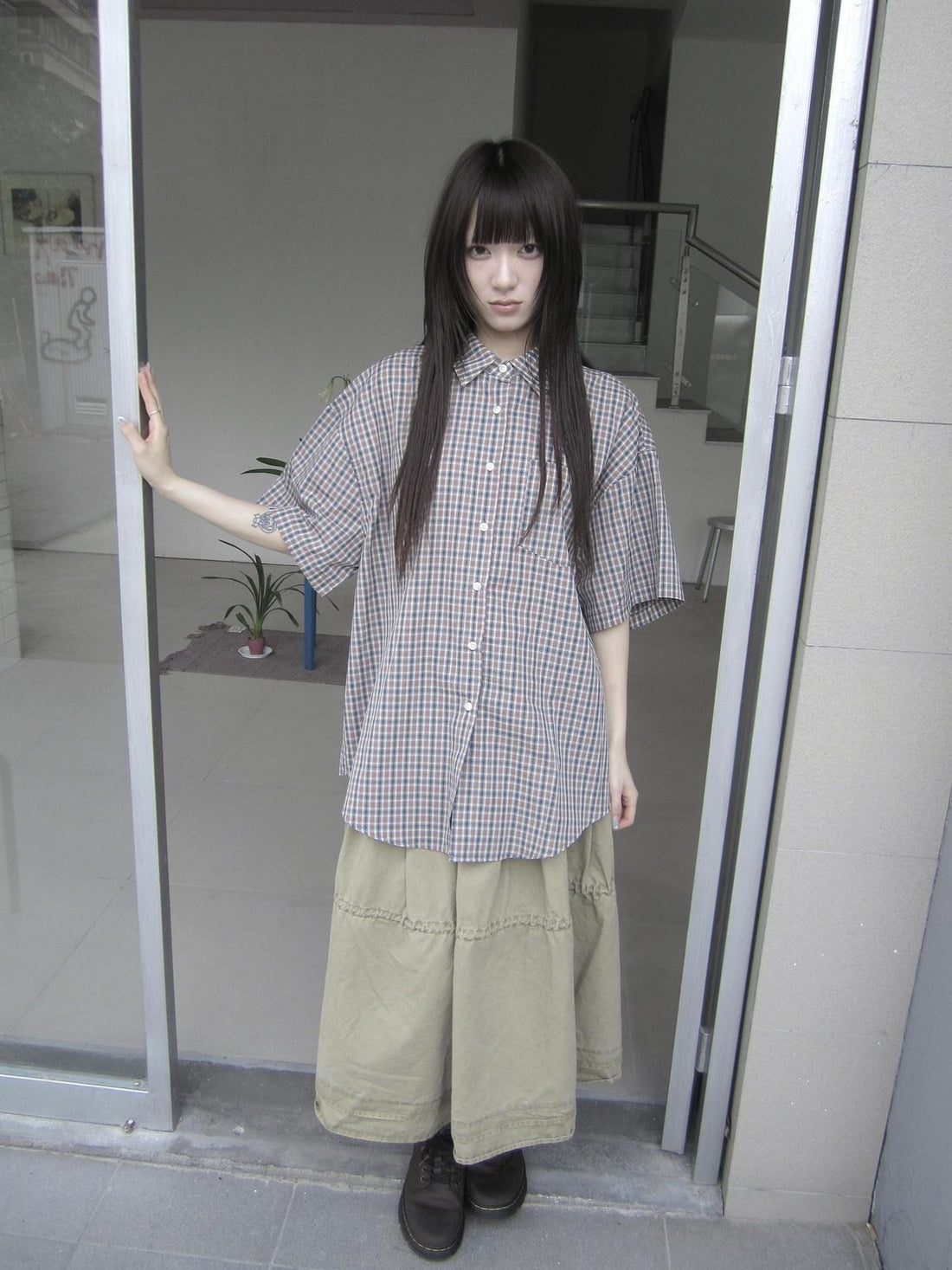ang project Blue Brown Plaid Colorblock Loose Women&