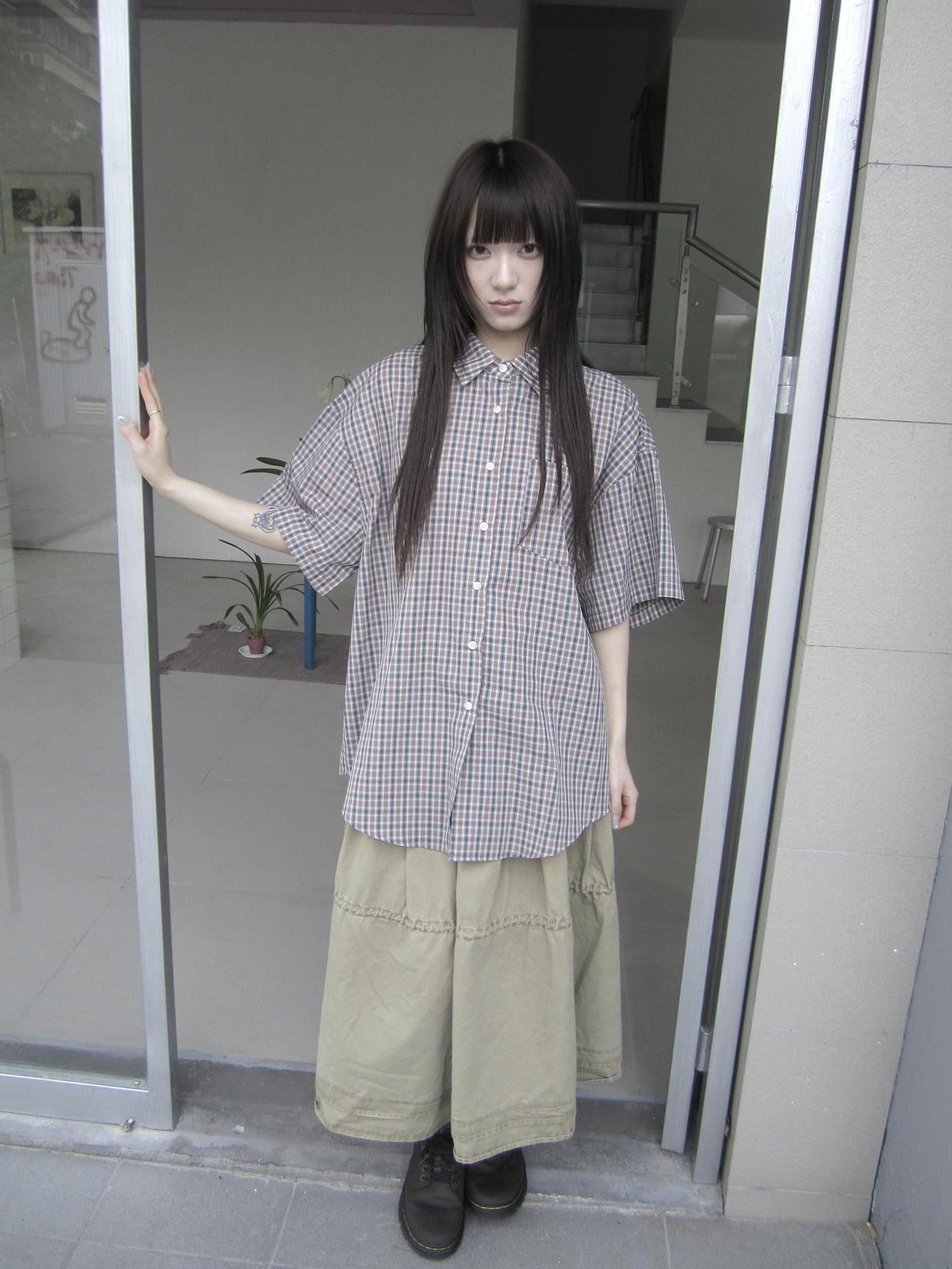 ang project Blue Brown Plaid Colorblock Loose Women&