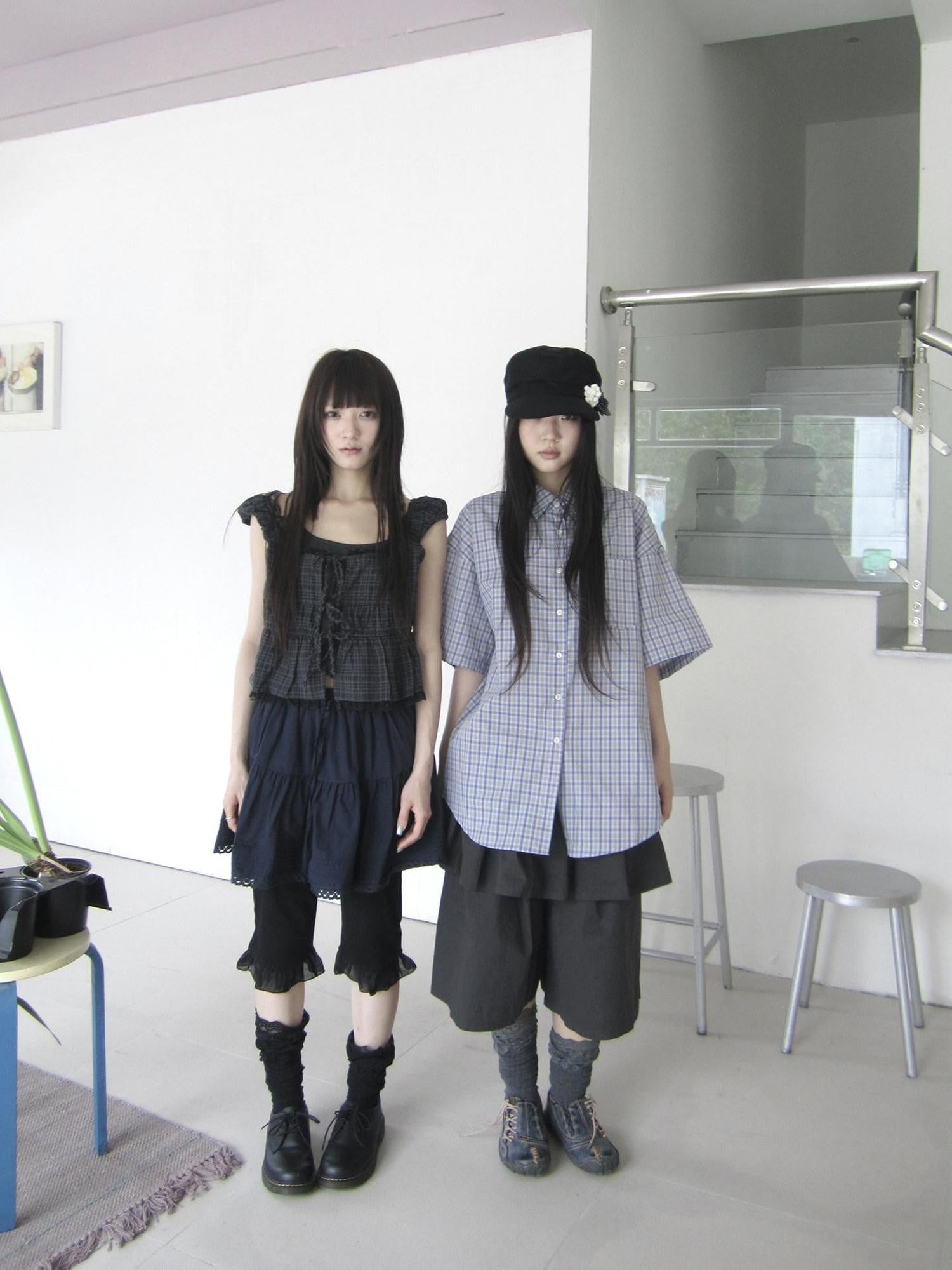 ang project Blue Brown Plaid Colorblock Loose Women&