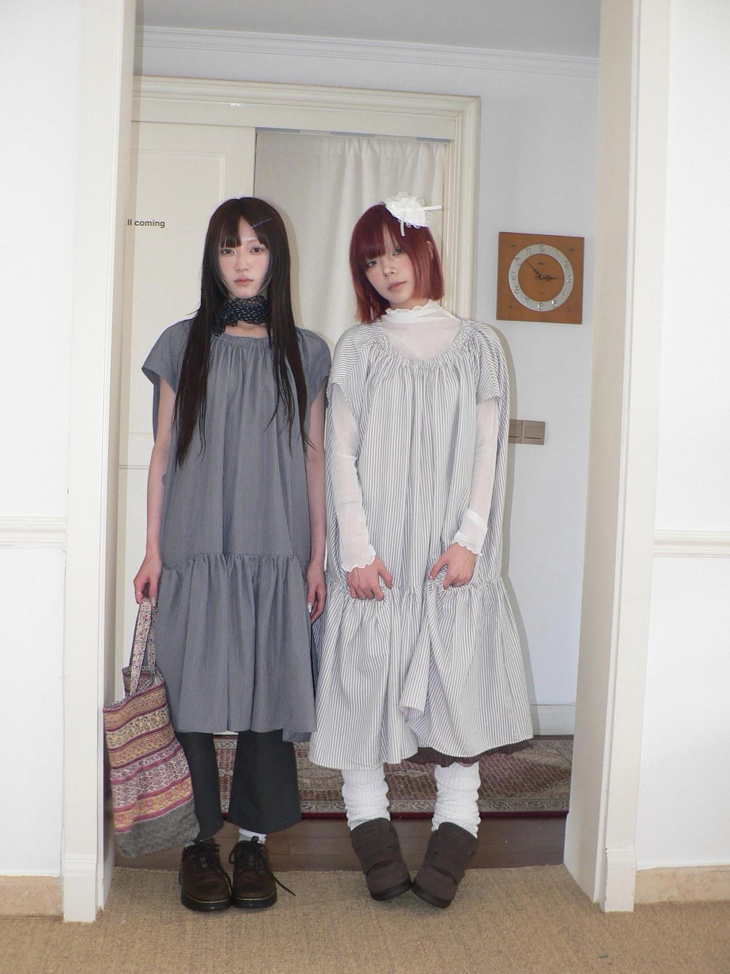 ang project Blue Gray Striped Pleated Pocket Loose Japanese Women&