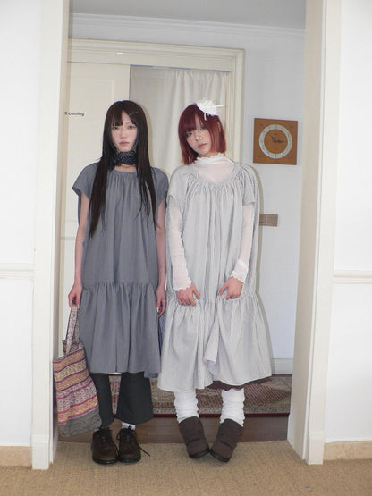 ang project Blue Gray Striped Pleated Pocket Loose Japanese Women&
