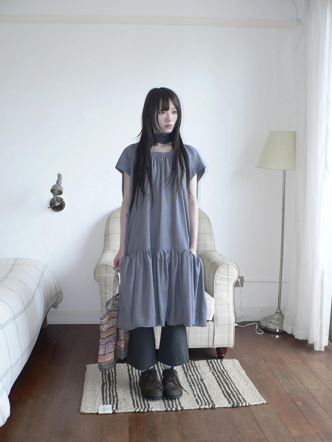 ang project Blue Gray Striped Pleated Pocket Loose Japanese Women&
