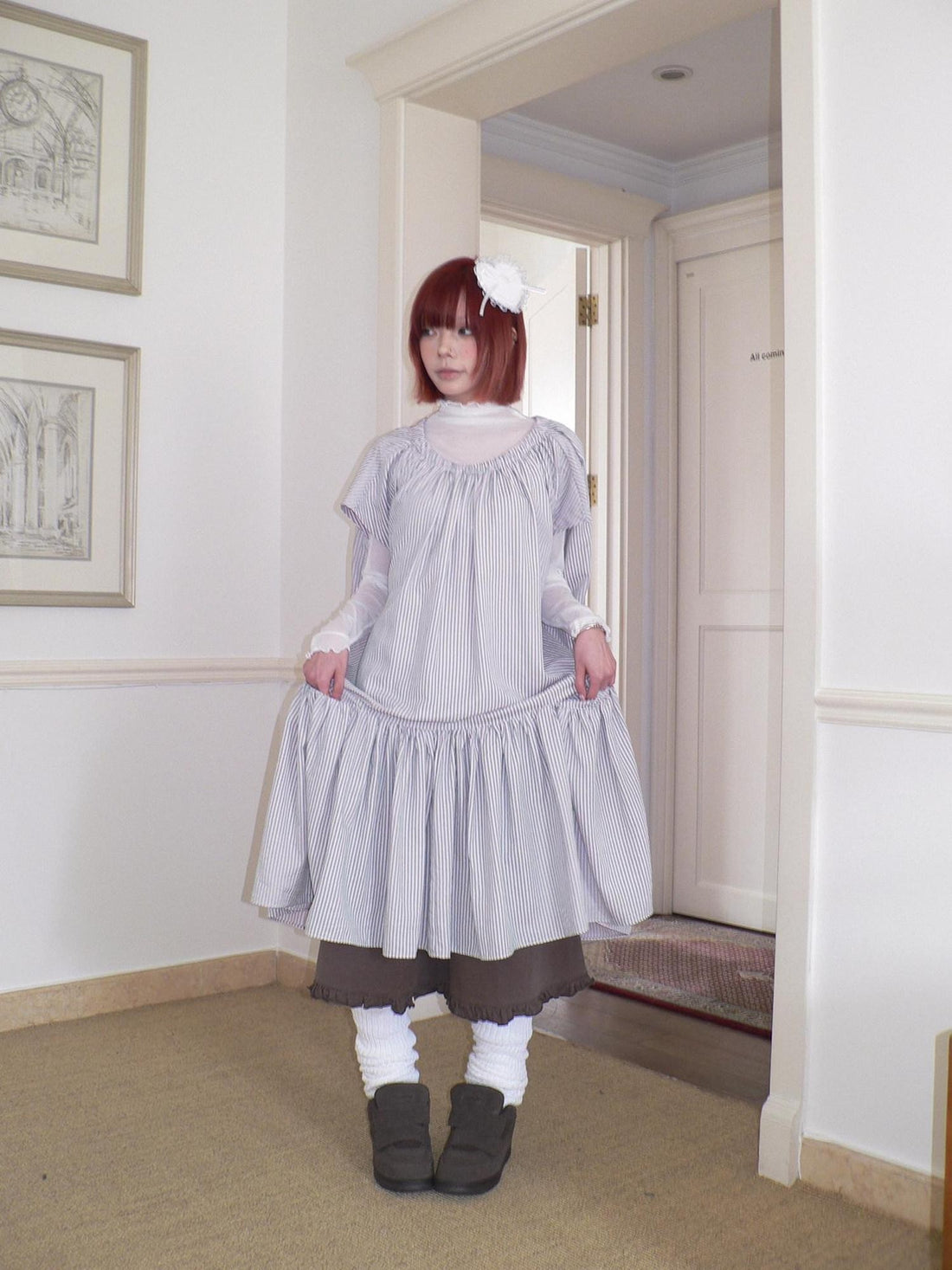 ang project Blue Gray Striped Pleated Pocket Loose Japanese Women&