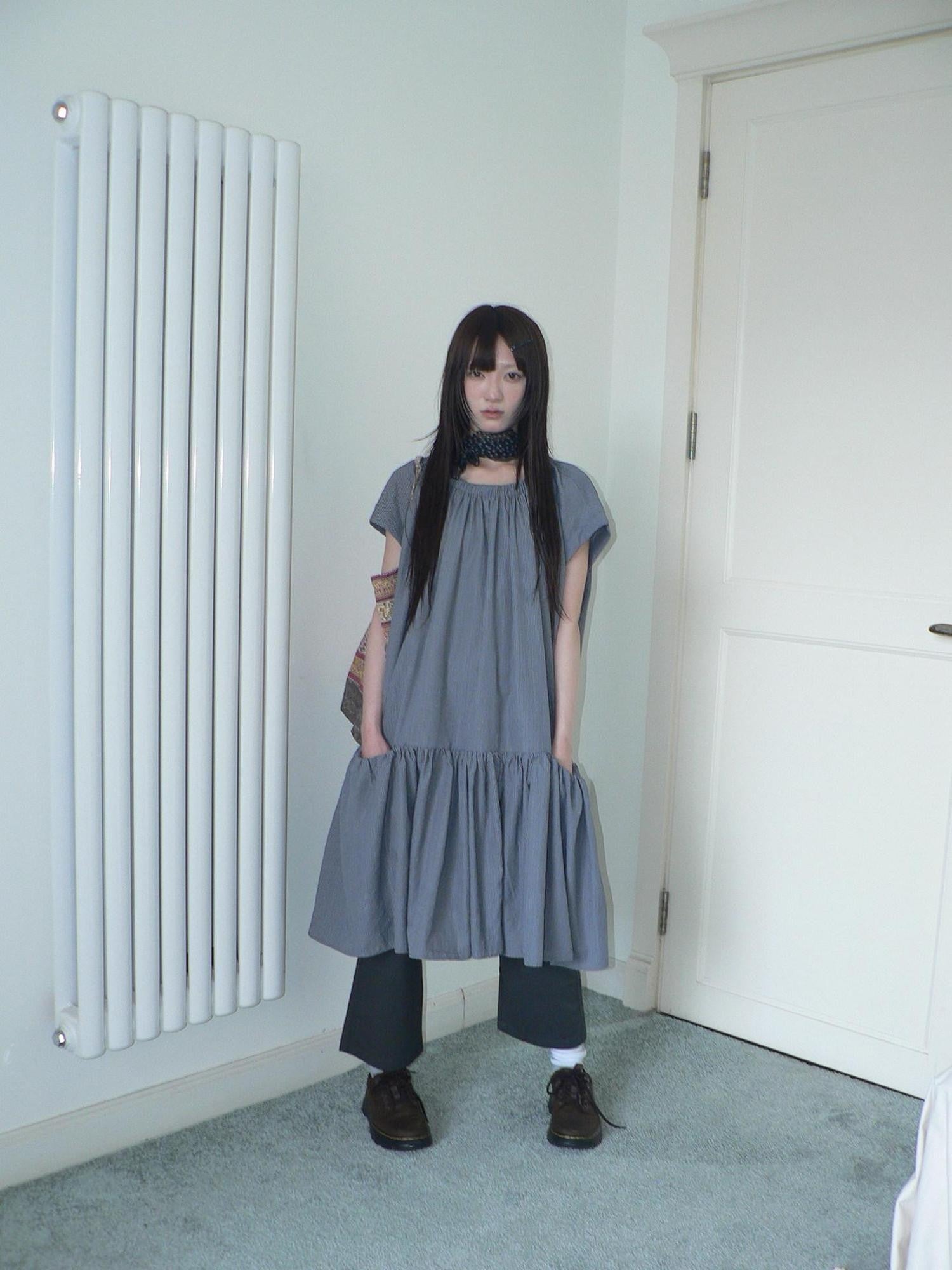 ang project Blue Gray Striped Pleated Pocket Loose Japanese Women&