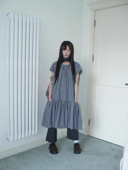 ang project Blue Gray Striped Pleated Pocket Loose Japanese Women&