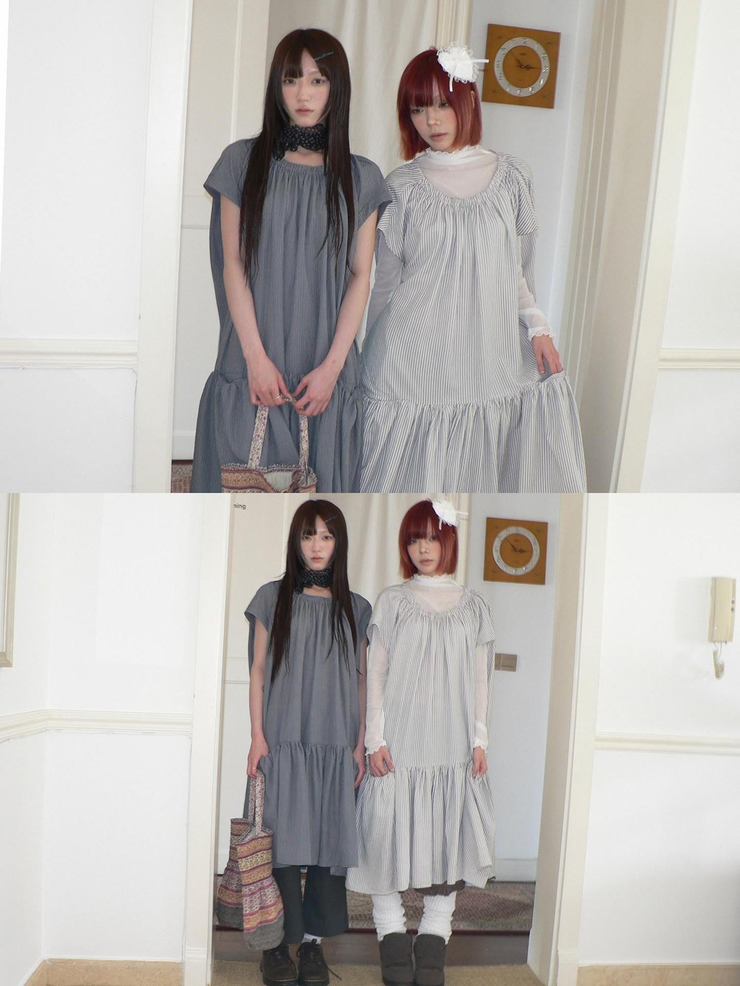 ang project Blue Gray Striped Pleated Pocket Loose Japanese Women&