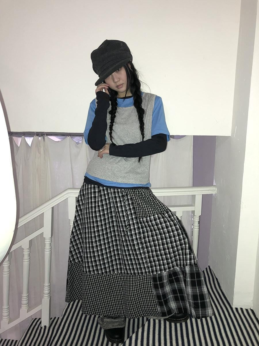 ang project Blue Plaid Colorblock Layered 3 Piece Women&