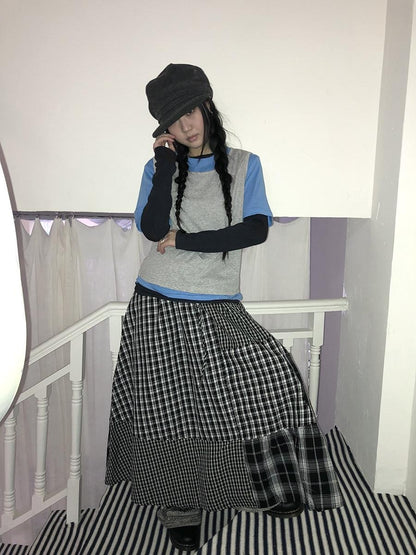 ang project Blue Plaid Colorblock Layered 3 Piece Women&
